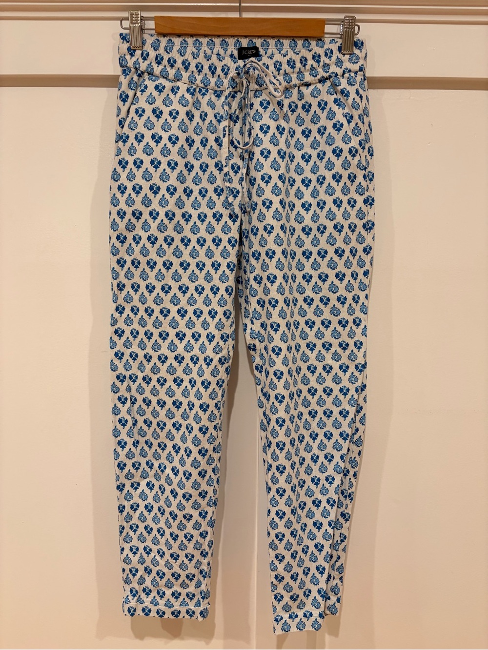J. Crew Factory White Ankle Pants with Blue Floral Print